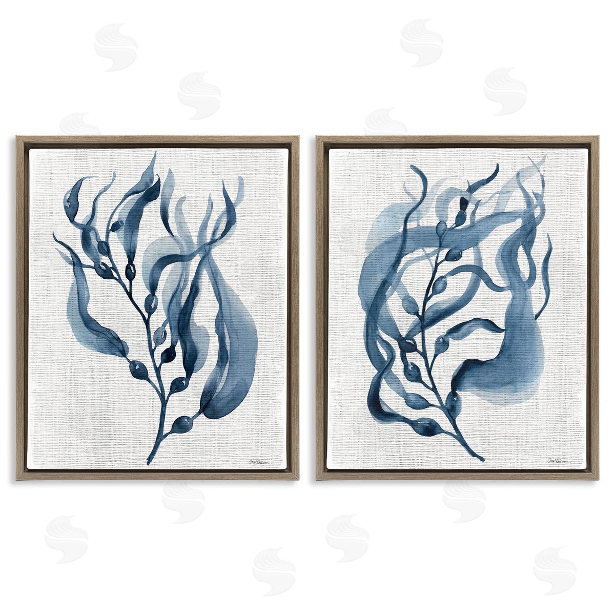 Fluid Blue Herbs Brown Floating Frame Canvas Wall Art, Home Decor by Carol Robinson