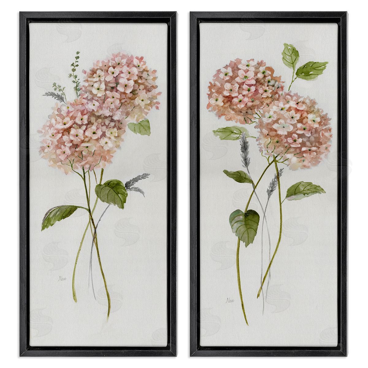 Pink Hydrangea Sprigs Black Floating Frame Canvas Wall Art, Home Decor by Nan