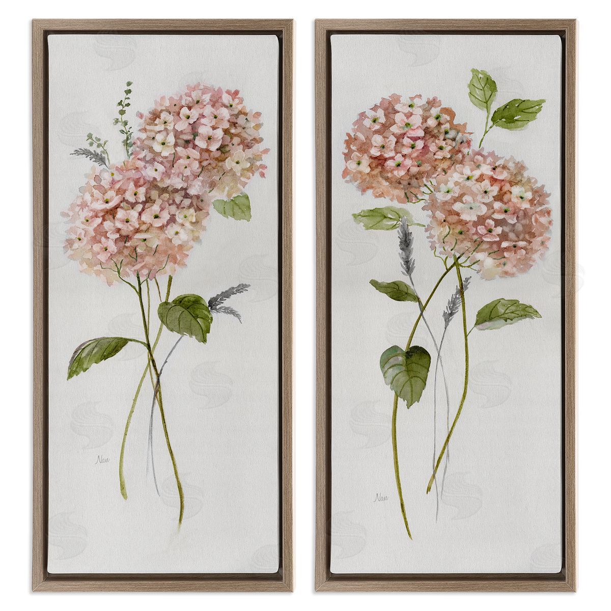 Pink Hydrangea Sprigs Brown Floating Frame Canvas Wall Art, Home Decor by Nan