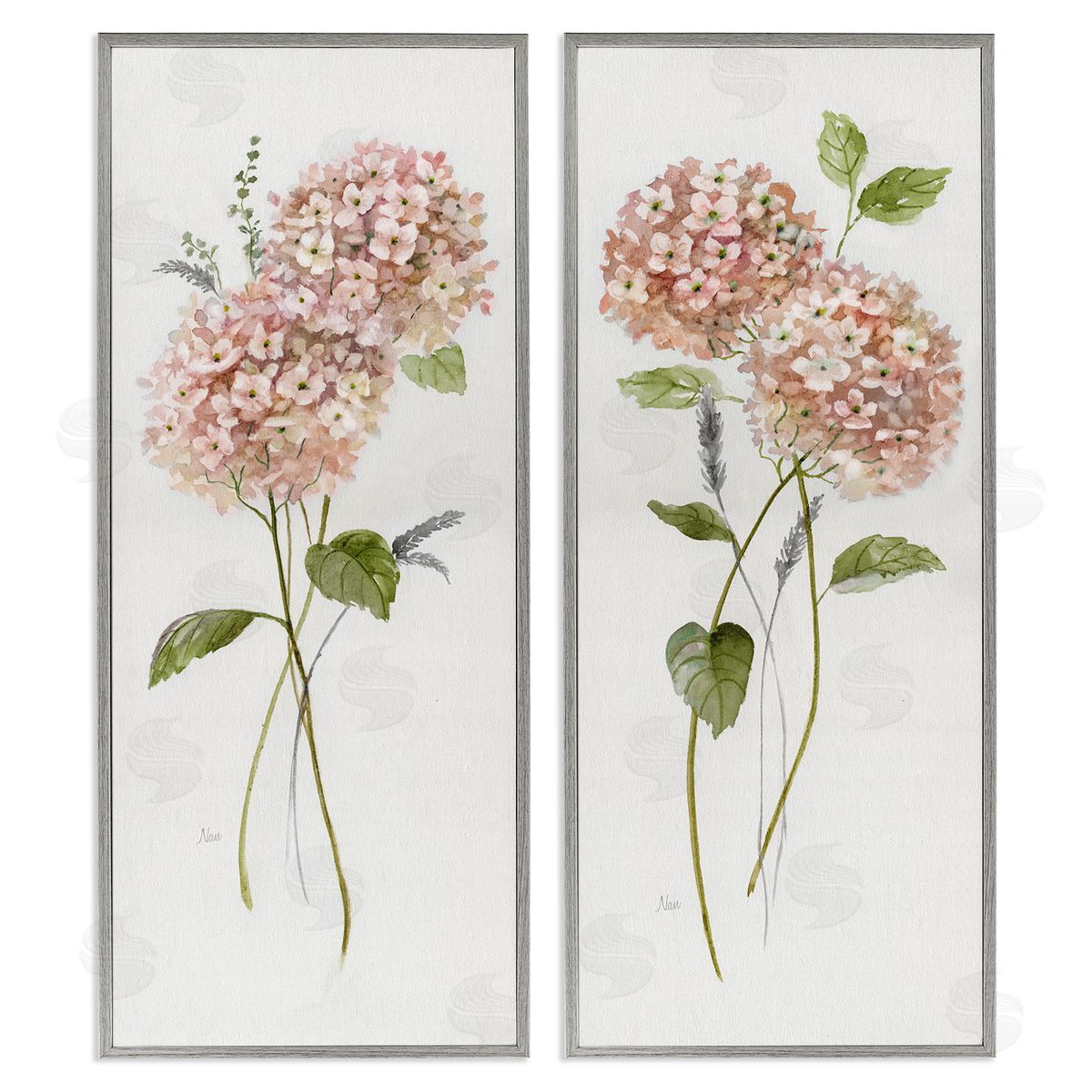 Pink Hydrangea Sprigs Grey Frame Print Wall Art, Home Decor by Nan