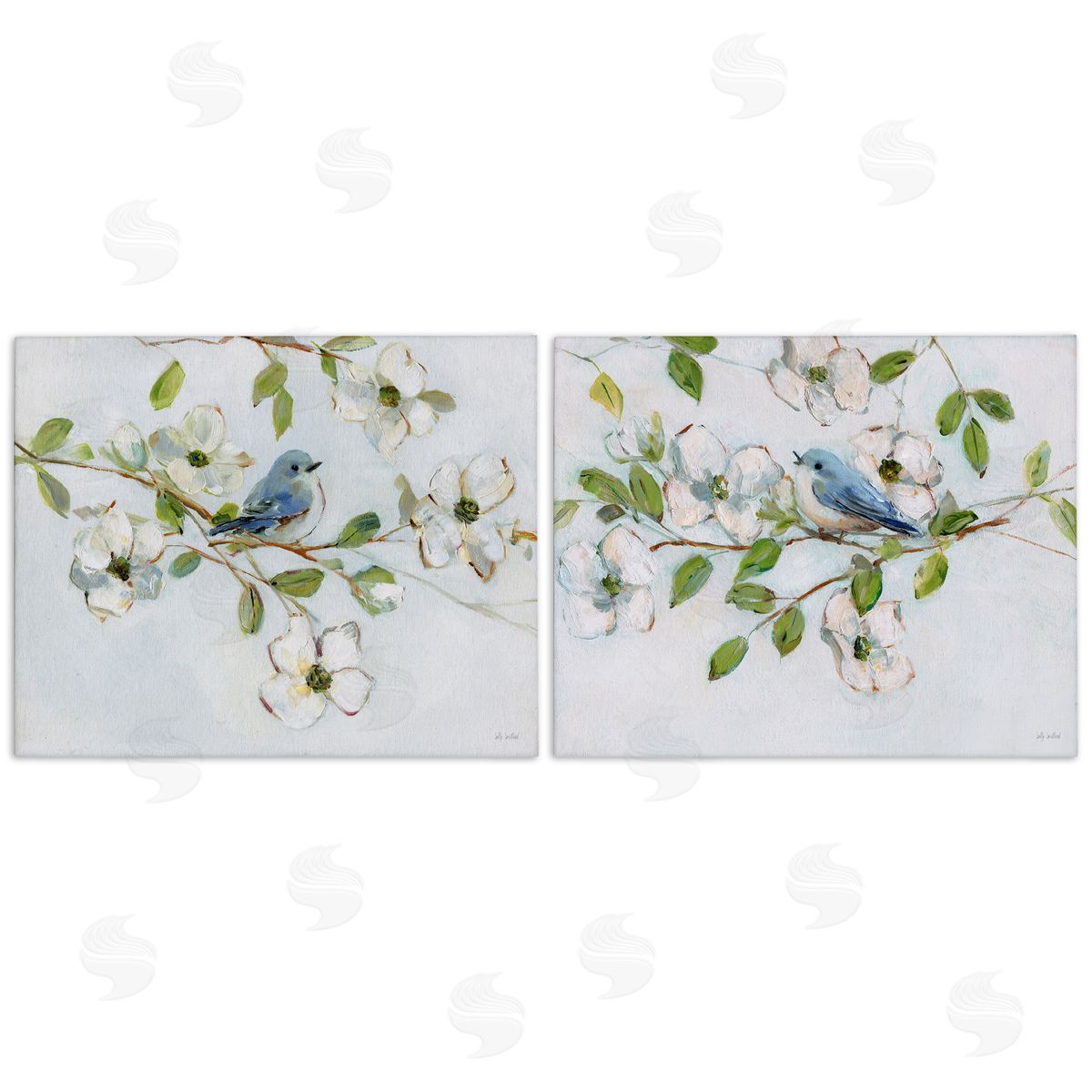 Perched Bluebirds on Branch Canvas Wall Art, Home Decor by Sally Swatland