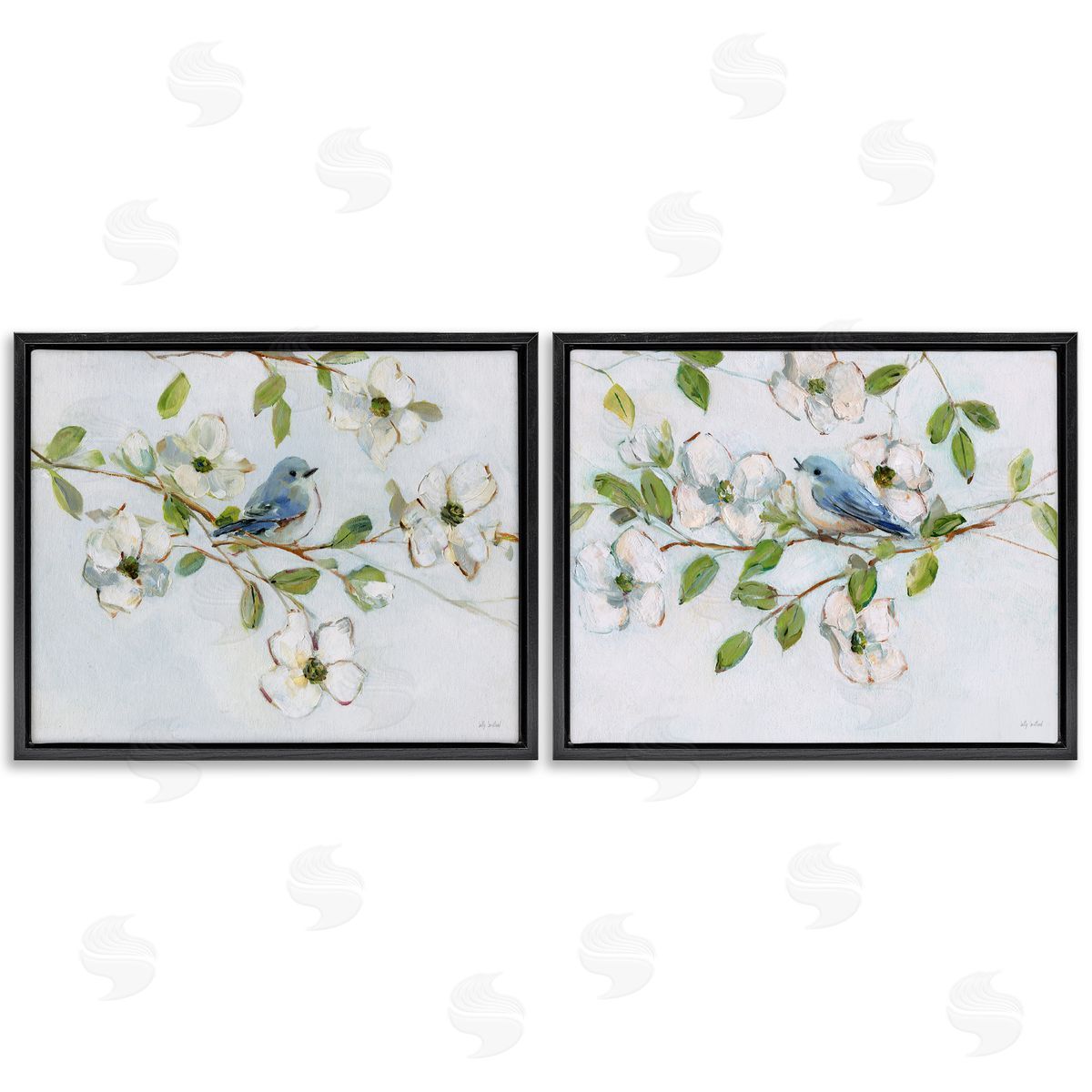 Perched Bluebirds on Branch Black Floating Frame Canvas Wall Art, Home Decor by Sally Swatland