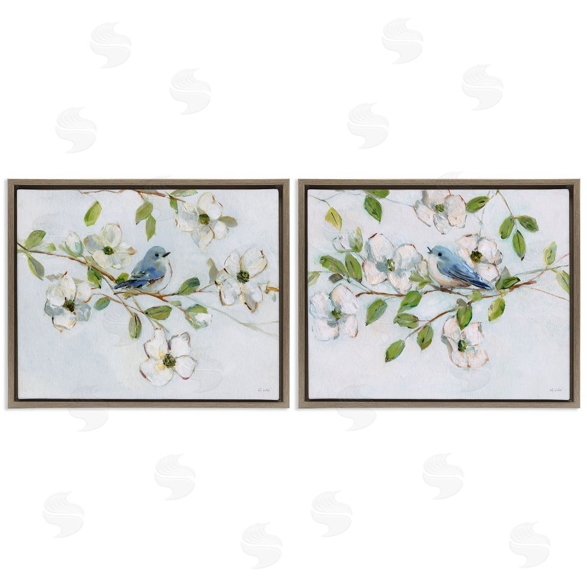 Perched Bluebirds on Branch Brown Floating Frame Canvas Wall Art, Home Decor by Sally Swatland