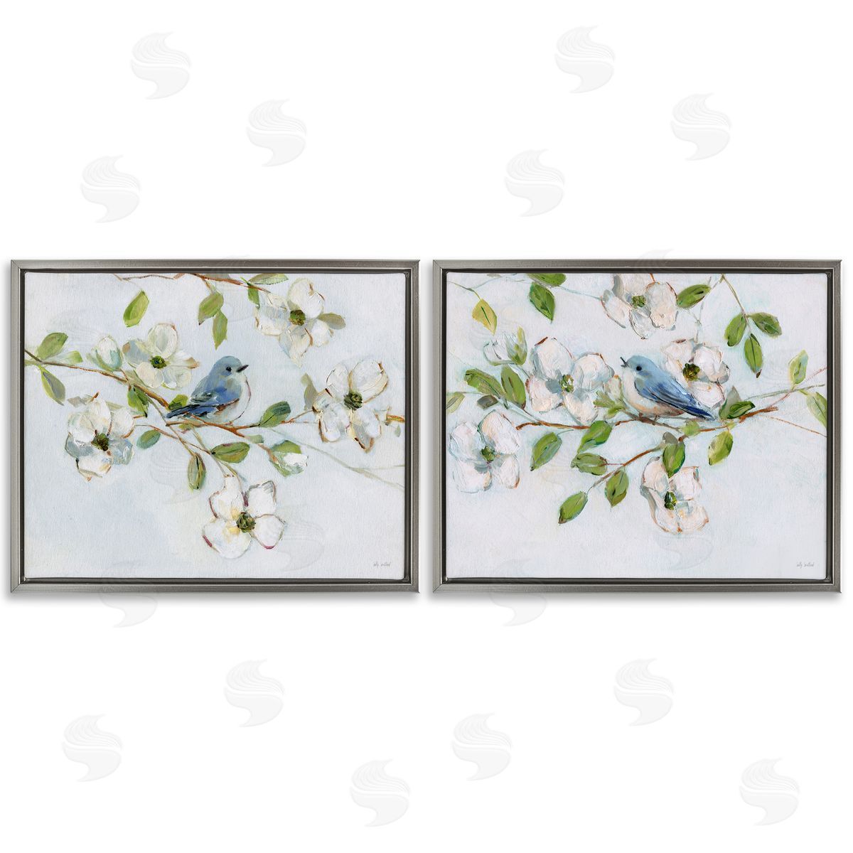 Perched Bluebirds on Branch Grey Floating Frame Canvas Wall Art, Home Decor by Sally Swatland