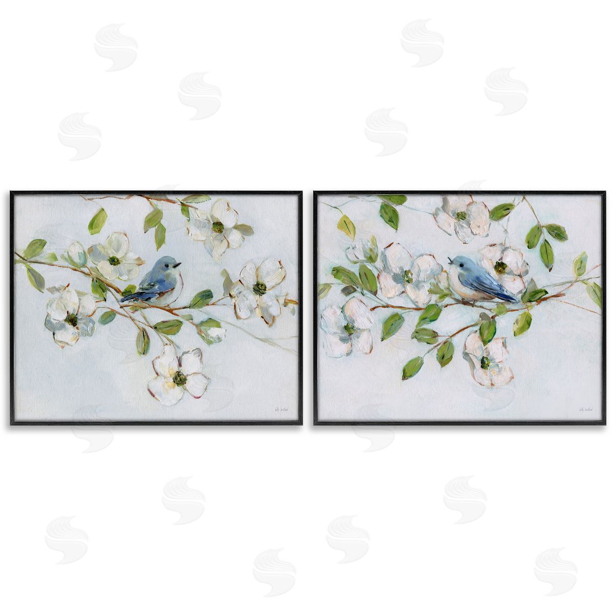 Perched Bluebirds on Branch Black Frame Print Wall Art, Home Decor by Sally Swatland
