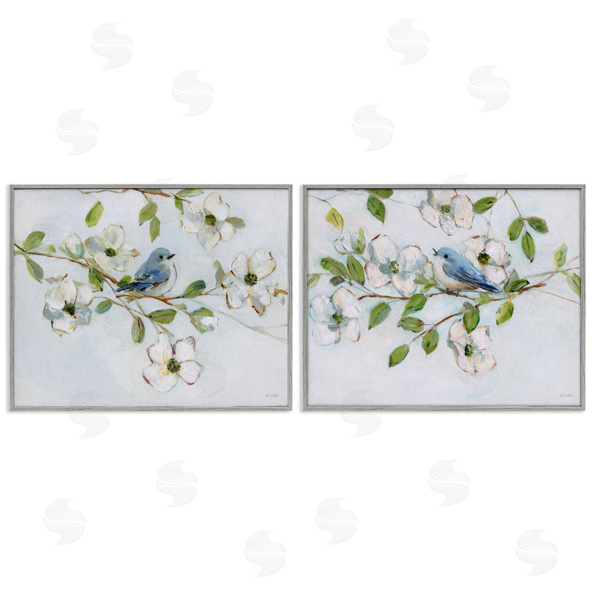 Perched Bluebirds on Branch Grey Frame Print Wall Art, Home Decor by Sally Swatland
