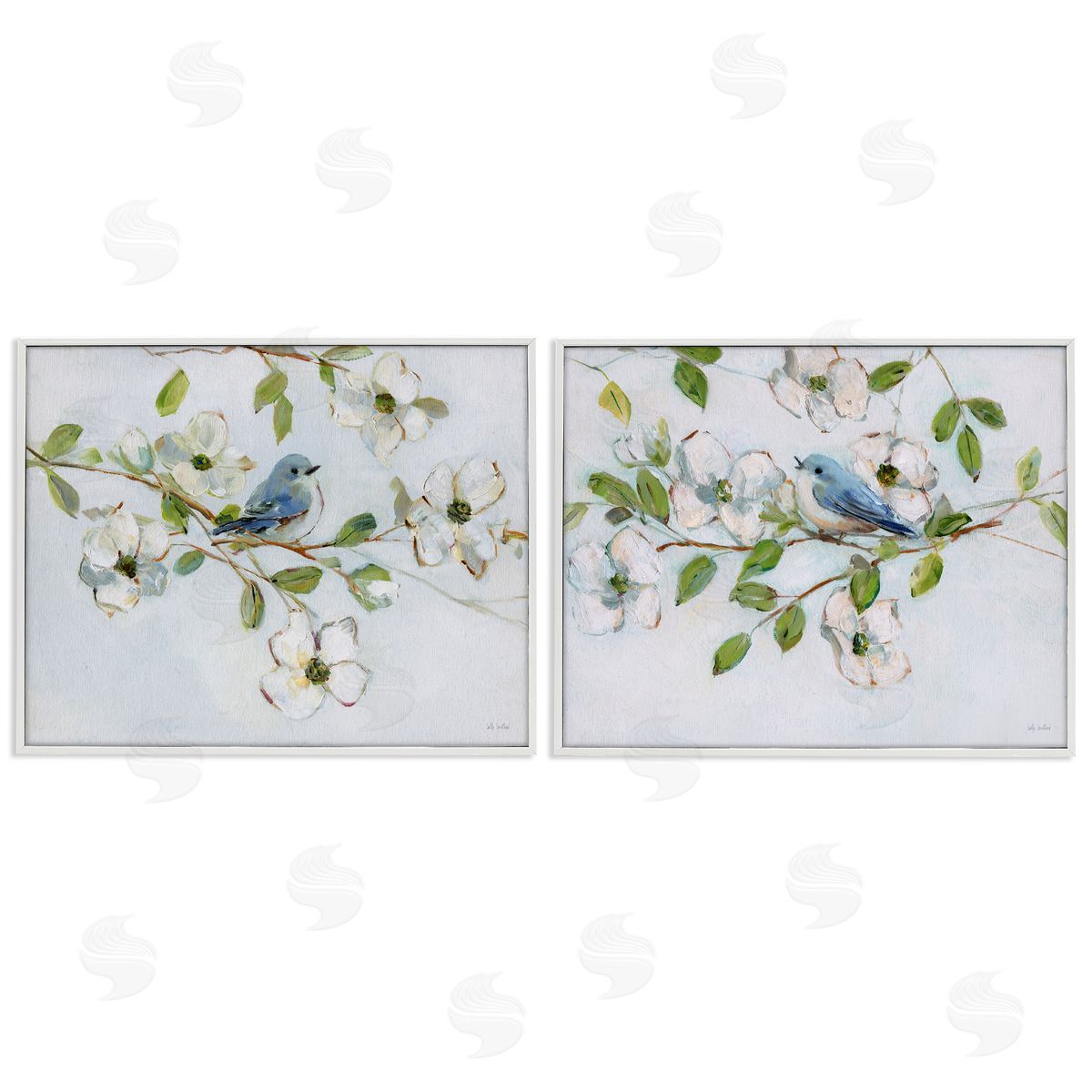 Perched Bluebirds on Branch White Frame Print Wall Art, Home Decor by Sally Swatland