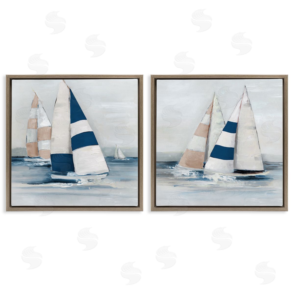 Sailboat Fleet Voyage Brown Floating Frame Canvas Wall Art, Home Decor by Sally Swatland