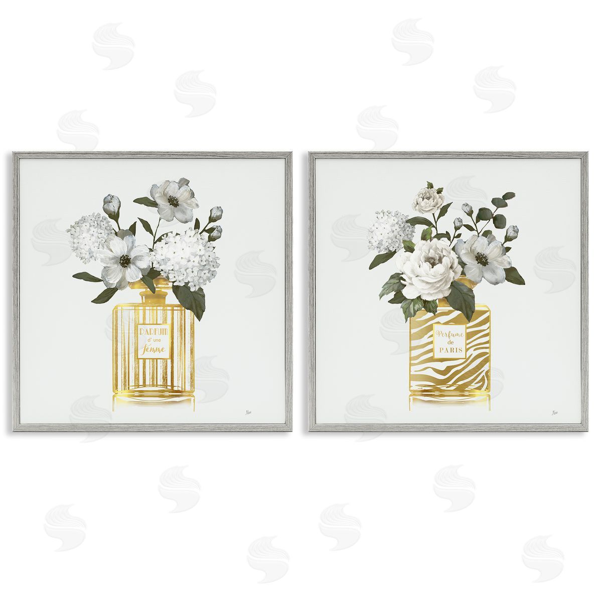 Glam Detailed Perfume Bouquets Grey Frame Print Wall Art, Home Decor by Nan