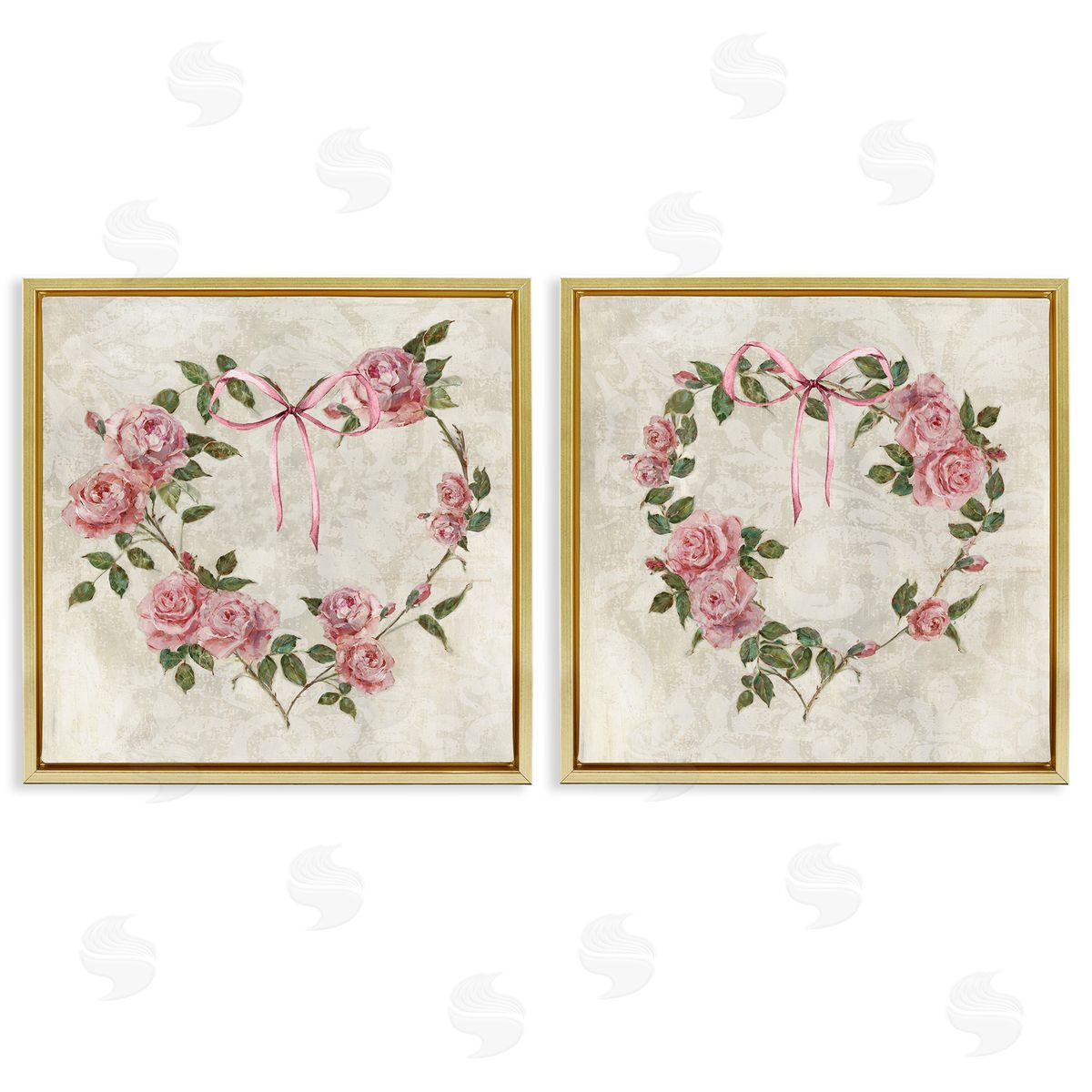 Heart Shaped Wreaths Gold Floating Frame Canvas Wall Art, Home Decor by Sally Swatland