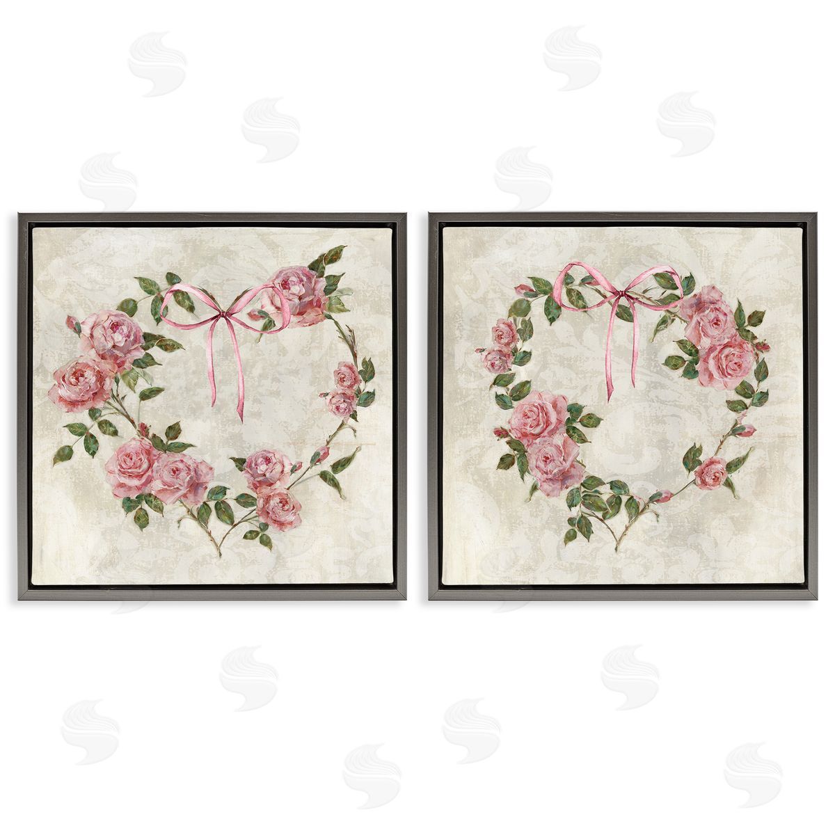Heart Shaped Wreaths Grey Floating Frame Canvas Wall Art, Home Decor by Sally Swatland