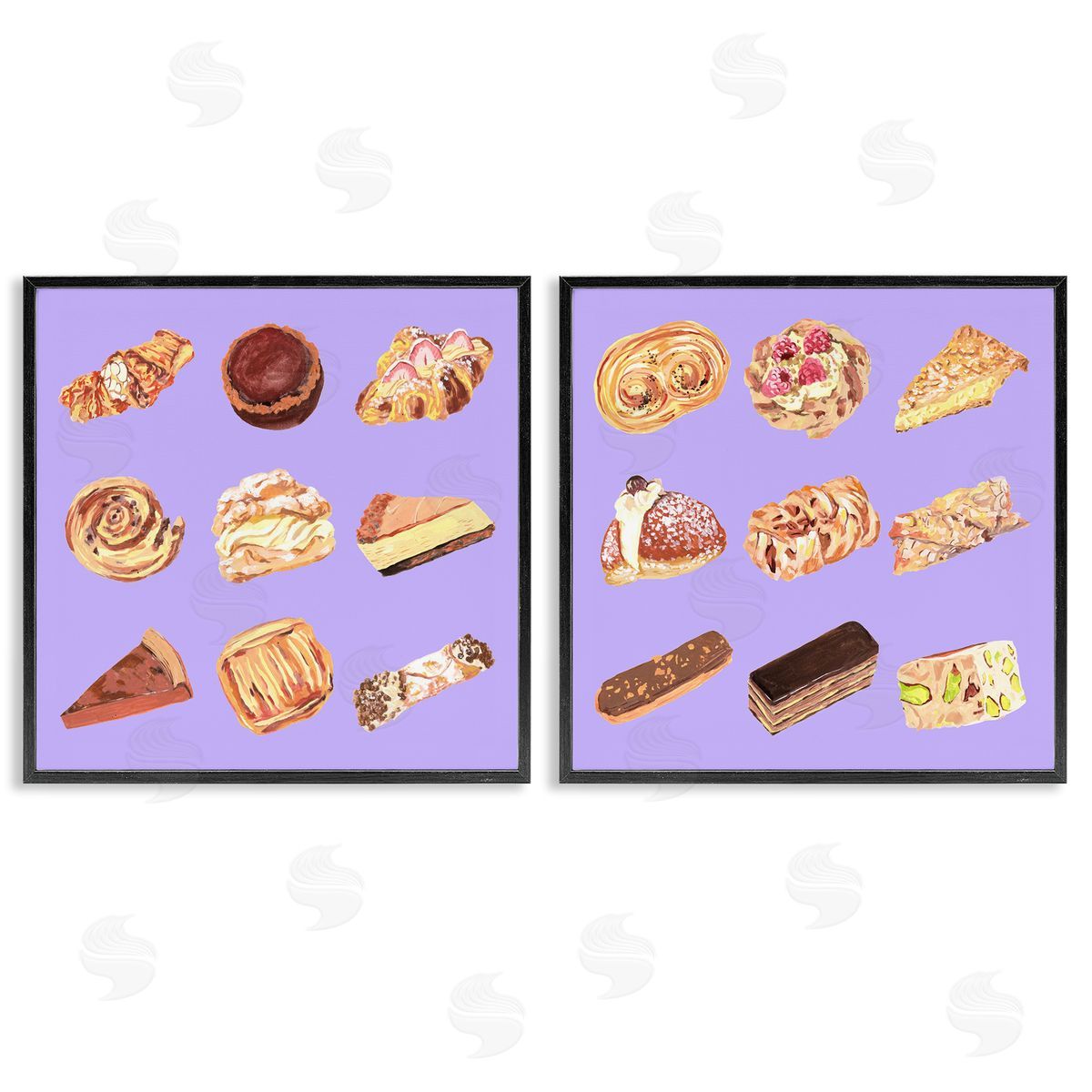 Various Pastries on Purple Black Frame Print Wall Art, Home Decor by Melissa Wang