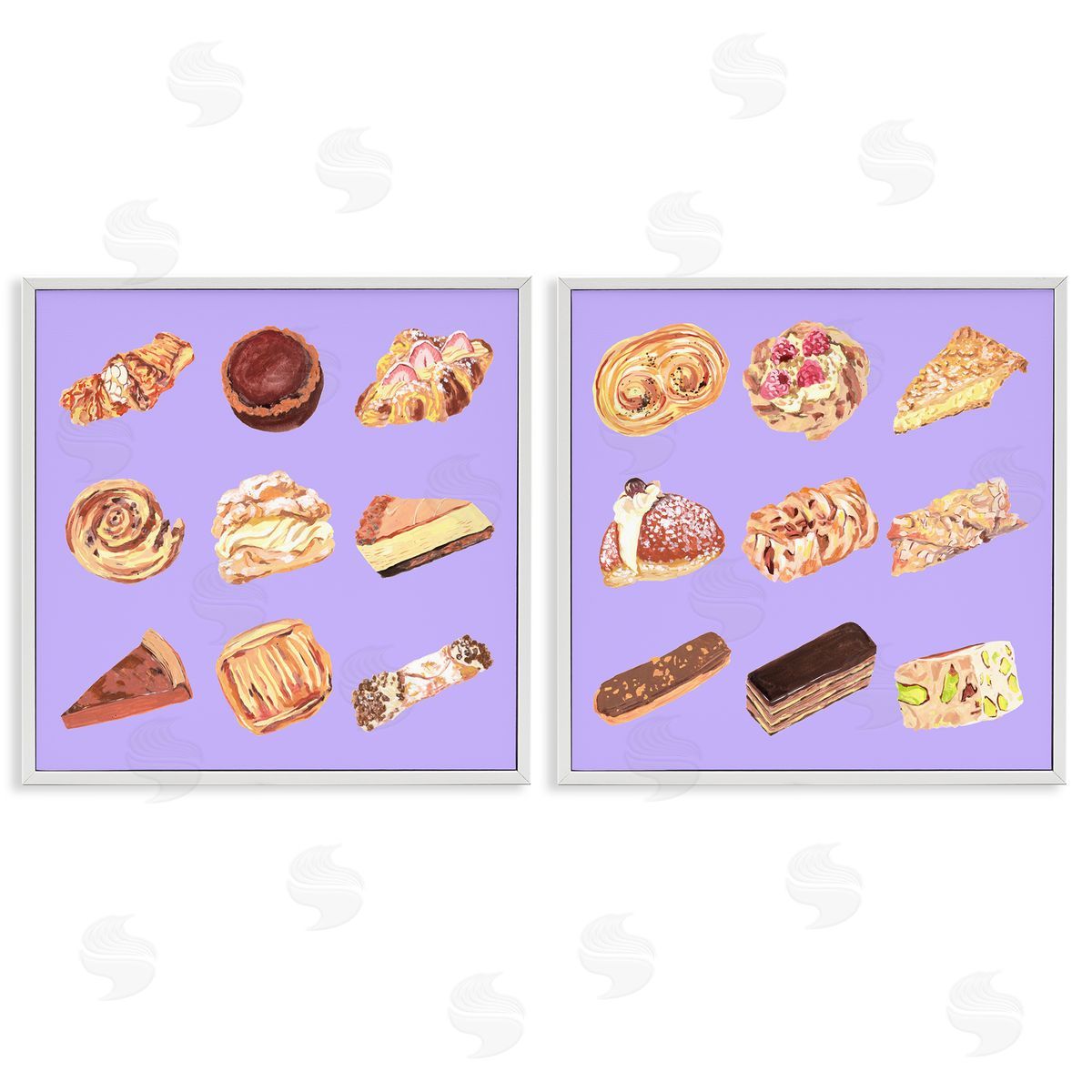 Various Pastries on Purple White Frame Print Wall Art, Home Decor by Melissa Wang
