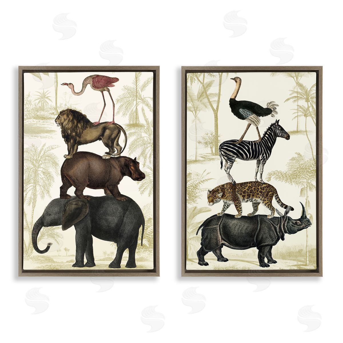 Stacked Safari Animals Brown Floating Frame Canvas Wall Art, Home Decor by Victoria Barnes