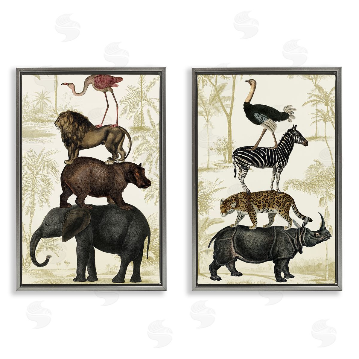 Stacked Safari Animals Grey Floating Frame Canvas Wall Art, Home Decor by Victoria Barnes