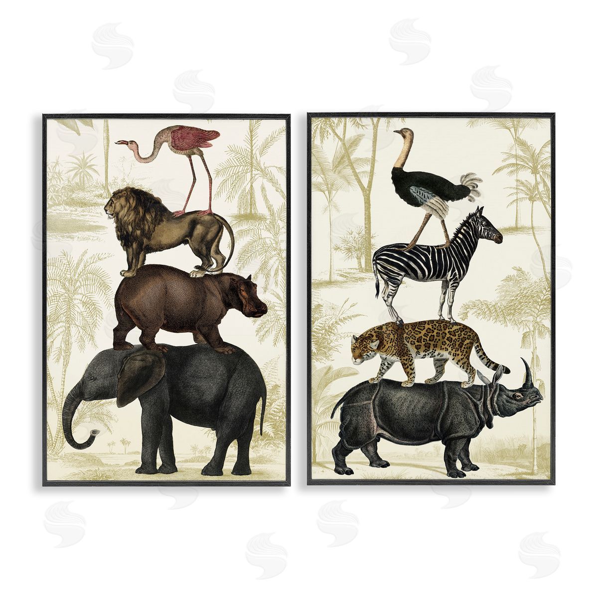 Stacked Safari Animals Black Frame Print Wall Art, Home Decor by Victoria Barnes