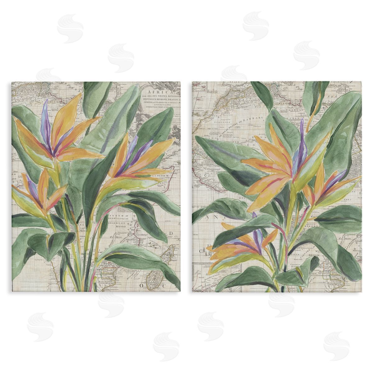 Flowers over Vintage Map Canvas Wall Art, Home Decor by June Erica Vess