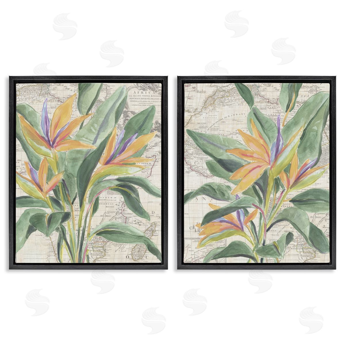 Flowers over Vintage Map Black Floating Frame Canvas Wall Art, Home Decor by June Erica Vess