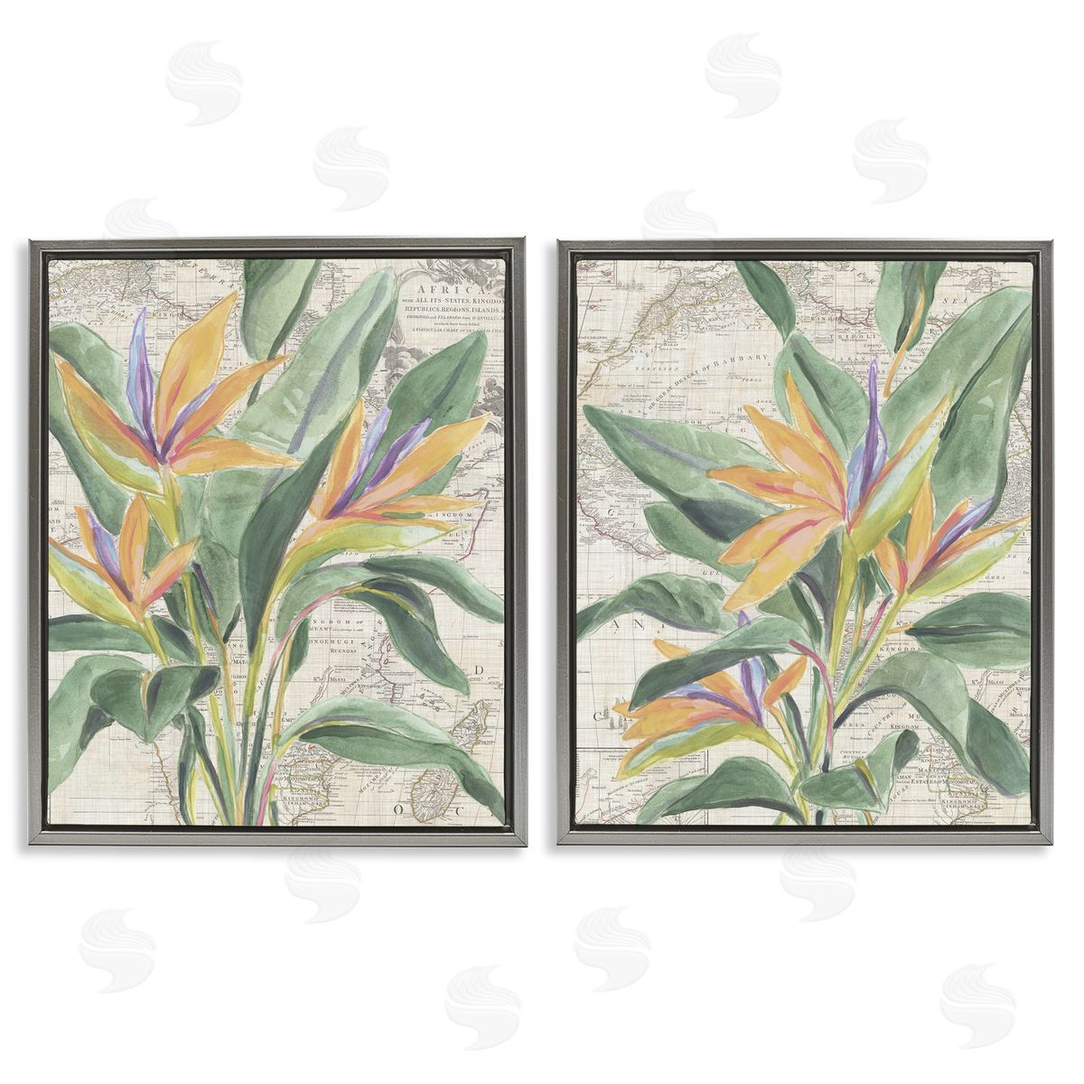 Flowers over Vintage Map Grey Floating Frame Canvas Wall Art, Home Decor by June Erica Vess