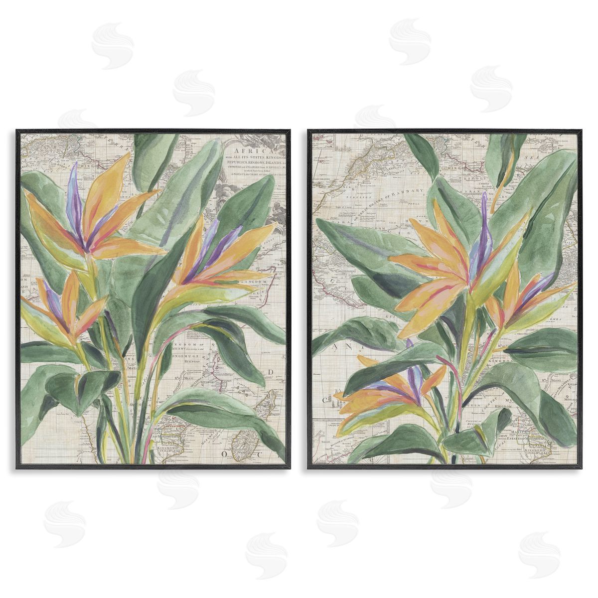 Flowers over Vintage Map Black Frame Print Wall Art, Home Decor by June Erica Vess