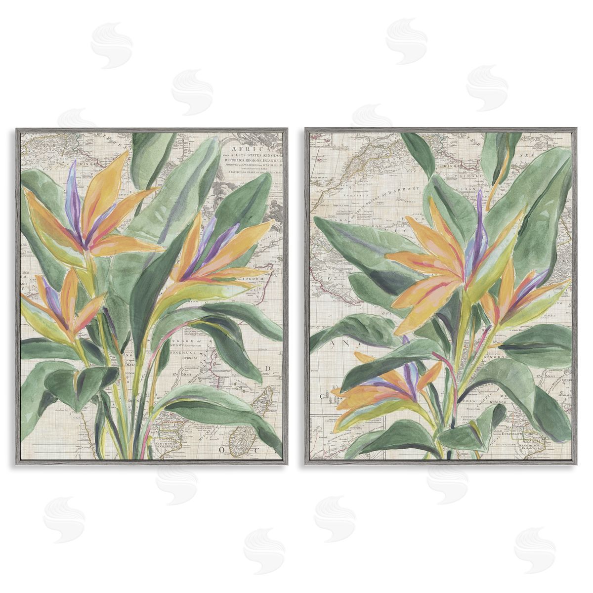 Flowers over Vintage Map Grey Frame Print Wall Art, Home Decor by June Erica Vess