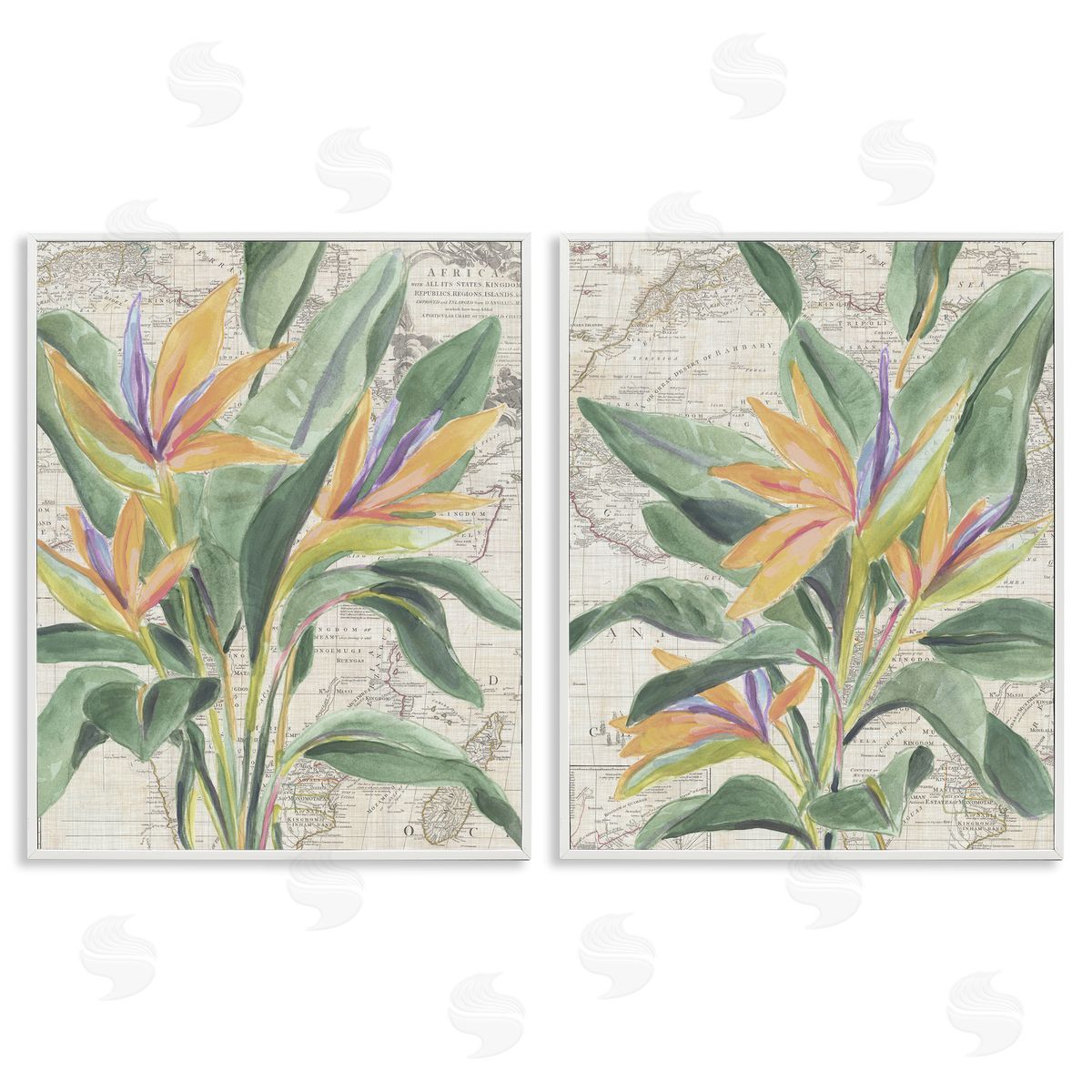 Flowers over Vintage Map White Frame Print Wall Art, Home Decor by June Erica Vess