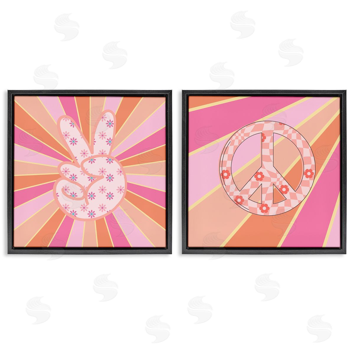 Groovy Peace Symbols on Stripes Black Floating Frame Canvas Wall Art, Home Decor by Jesse Keith