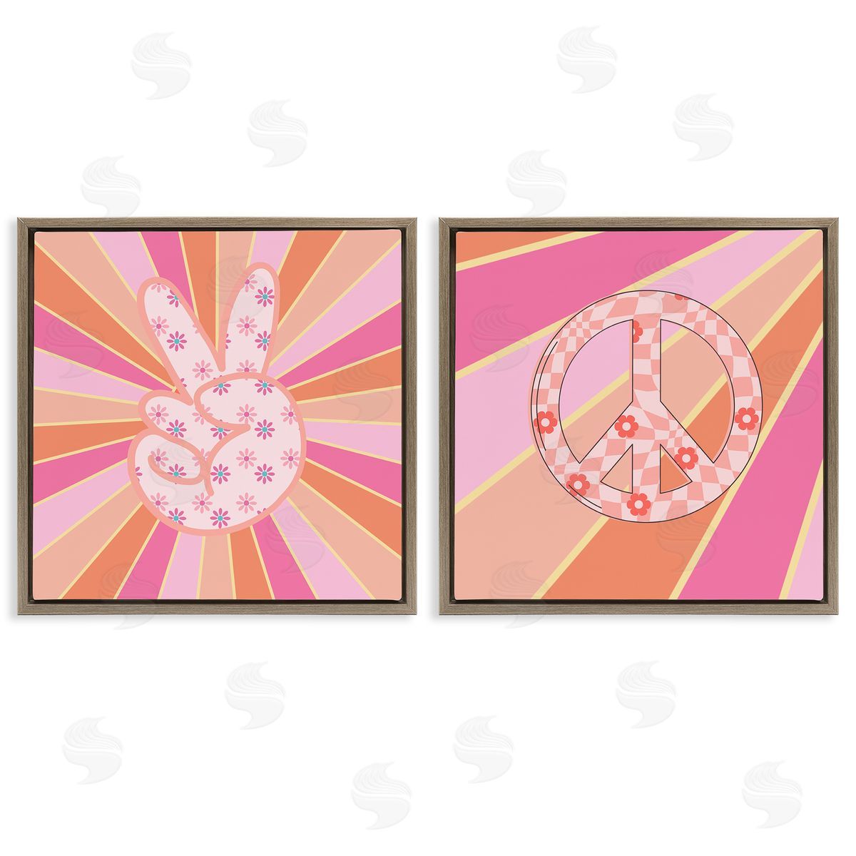Groovy Peace Symbols on Stripes Brown Floating Frame Canvas Wall Art, Home Decor by Jesse Keith