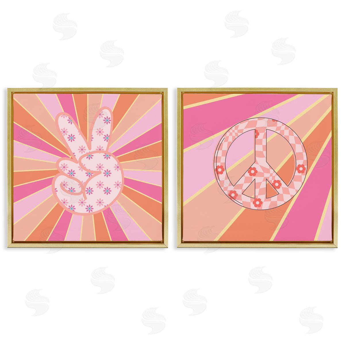 Groovy Peace Symbols on Stripes Gold Floating Frame Canvas Wall Art, Home Decor by Jesse Keith