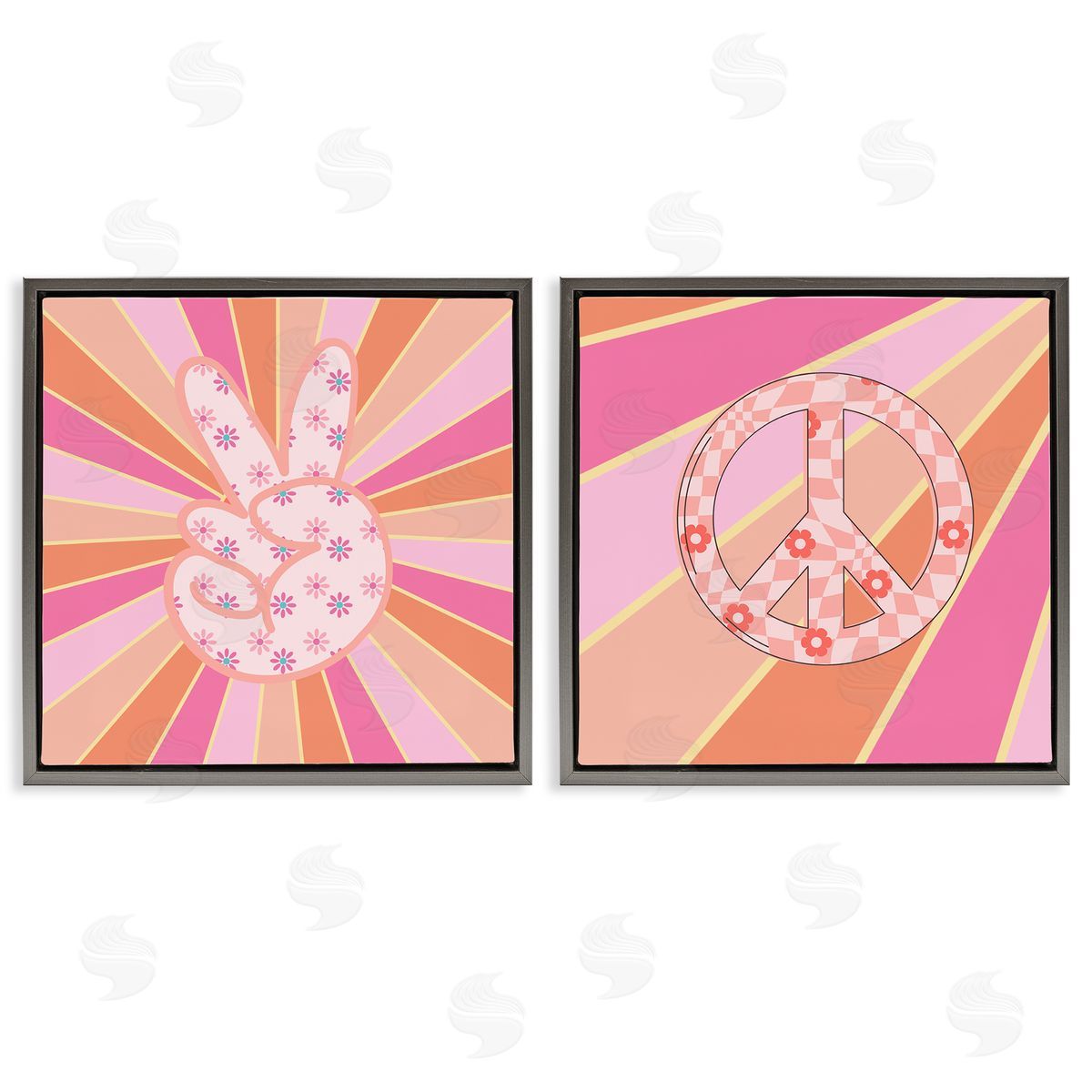 Groovy Peace Symbols on Stripes Grey Floating Frame Canvas Wall Art, Home Decor by Jesse Keith