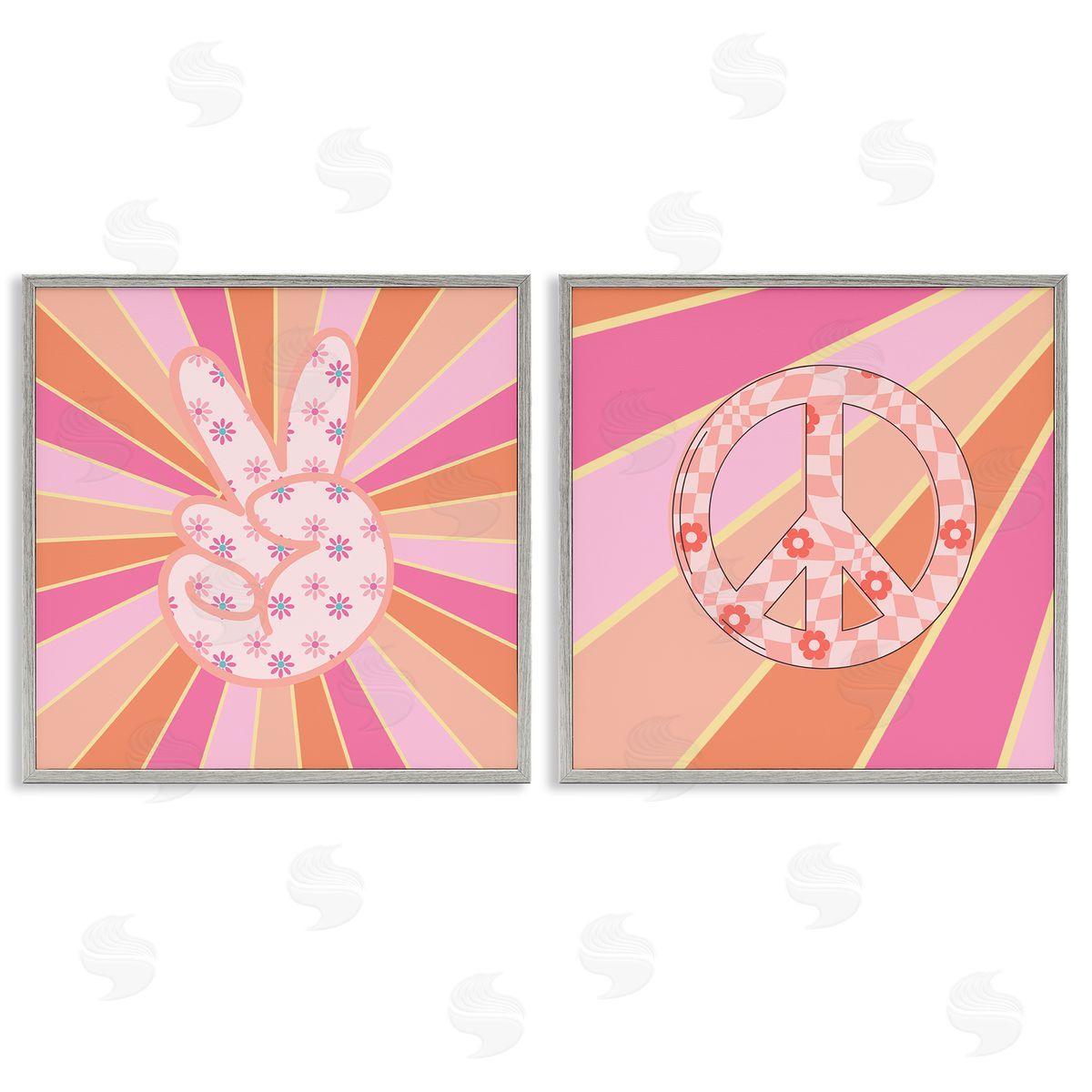 Groovy Peace Symbols on Stripes Grey Frame Print Wall Art, Home Decor by Jesse Keith