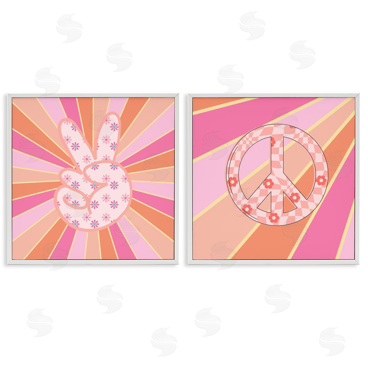 Groovy Peace Symbols on Stripes White Frame Print Wall Art, Home Decor by Jesse Keith