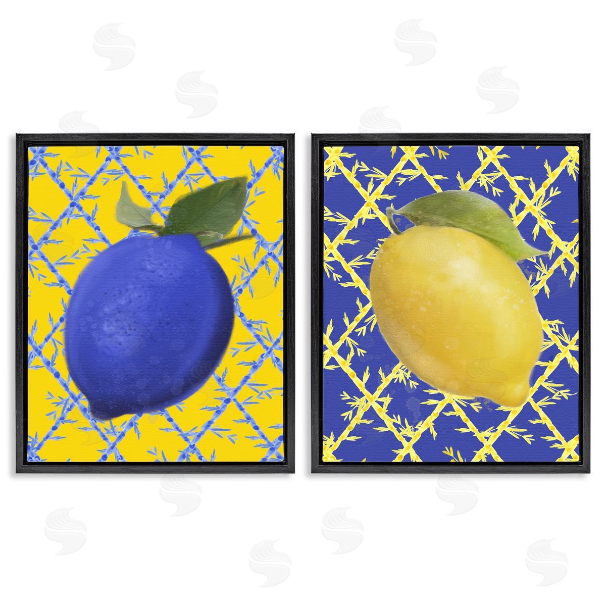 Bold Blue & Yellow Lemons Black Floating Frame Canvas Wall Art, Home Decor by Matthew Piotrowicz