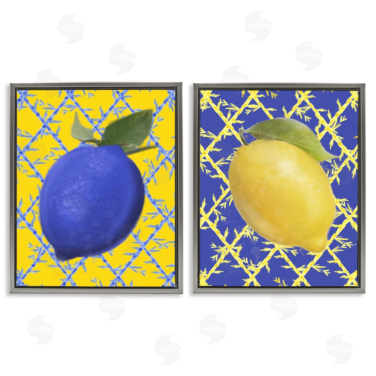Bold Blue & Yellow Lemons Grey Floating Frame Canvas Wall Art, Home Decor by Matthew Piotrowicz