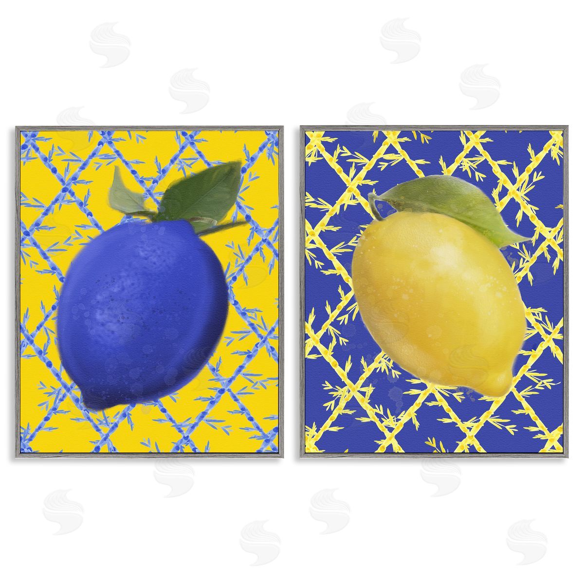 Bold Blue & Yellow Lemons Grey Frame Print Wall Art, Home Decor by Matthew Piotrowicz