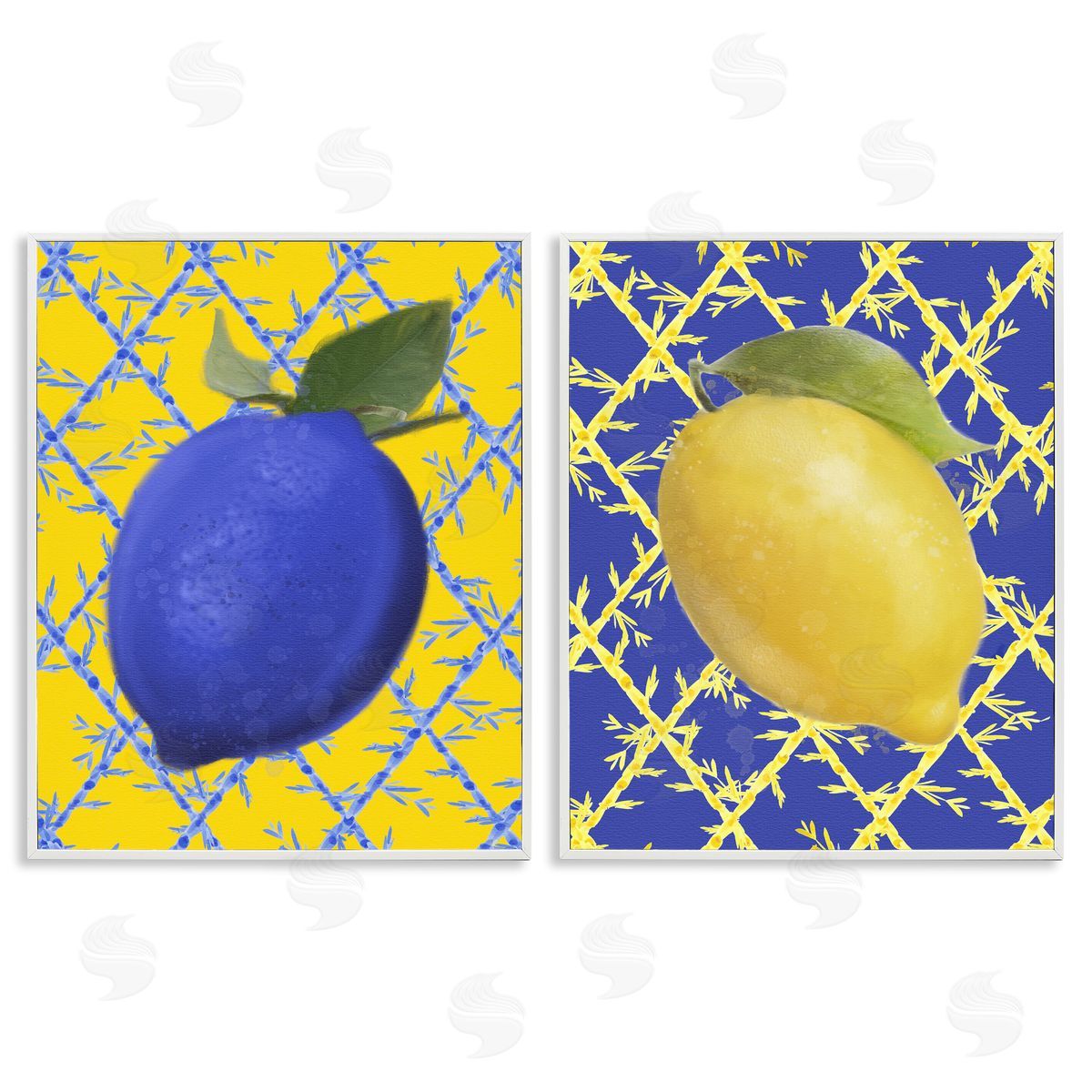 Bold Blue & Yellow Lemons White Frame Print Wall Art, Home Decor by Matthew Piotrowicz