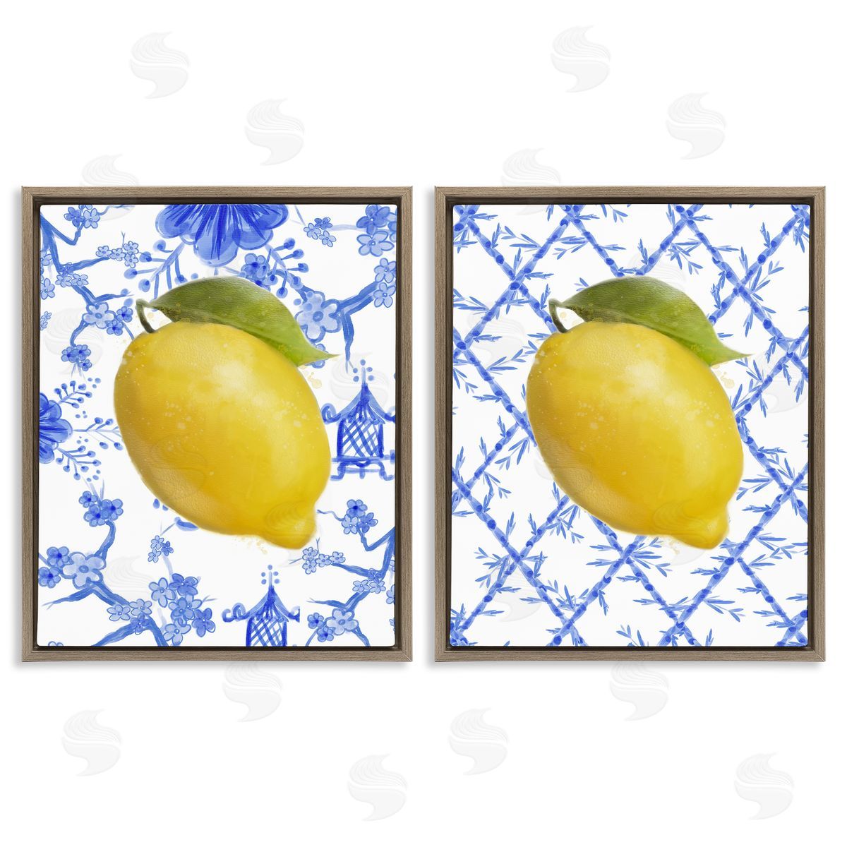 Classic Chinoiserie Lemons Brown Floating Frame Canvas Wall Art, Home Decor by Matthew Piotrowicz