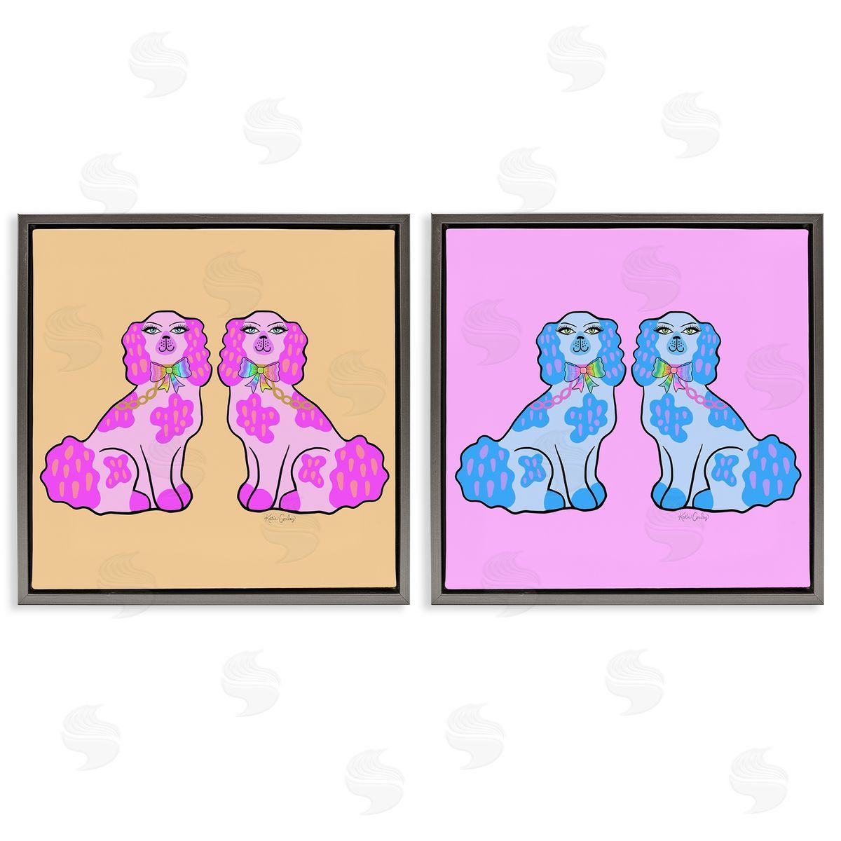 Brightly Colored Posh Pooches Grey Floating Frame Canvas Wall Art, Home Decor by Katie Conley