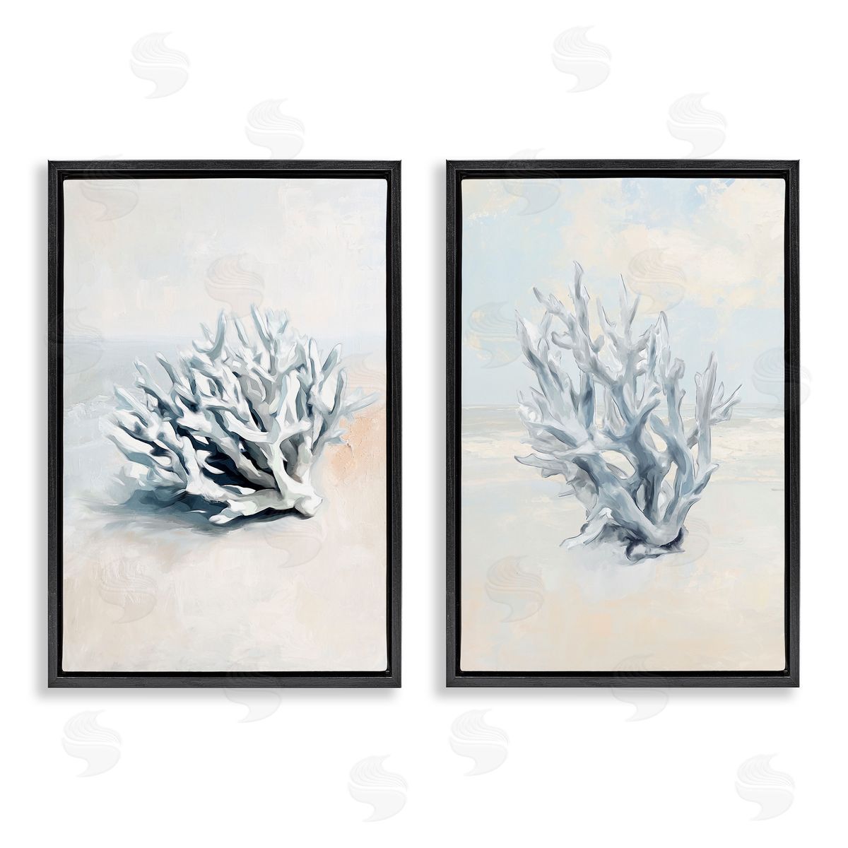 Faded White Coral Branches Black Floating Frame Canvas Wall Art, Home Decor by Ramona Murdock