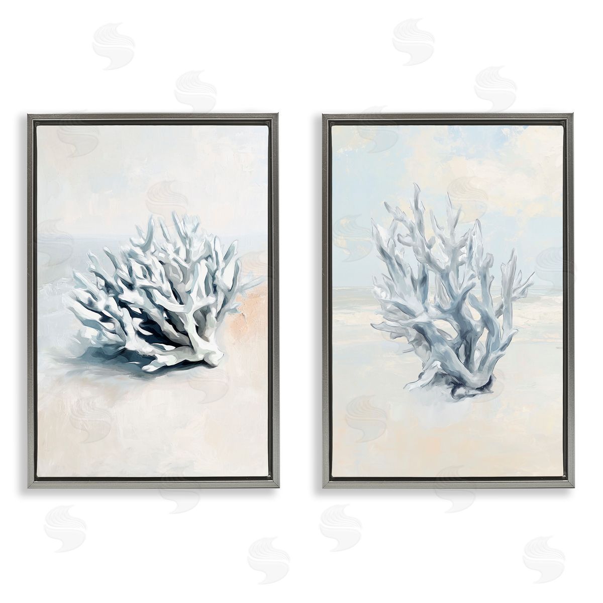 Faded White Coral Branches Grey Floating Frame Canvas Wall Art, Home Decor by Ramona Murdock