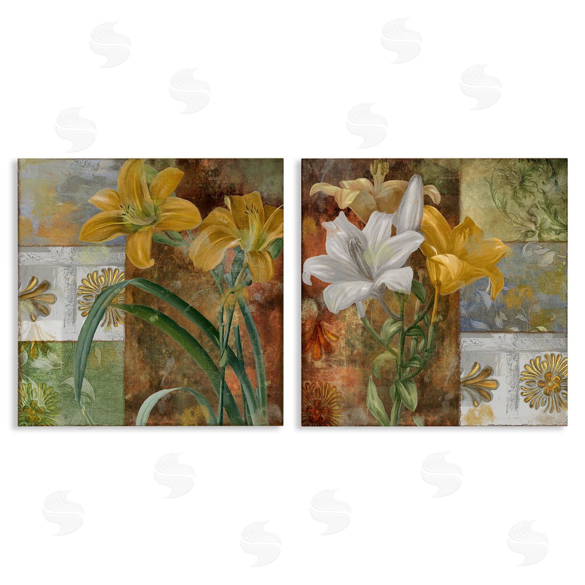 Lilies & Vintage Tile Patterns Canvas Wall Art, Home Decor by Sasha