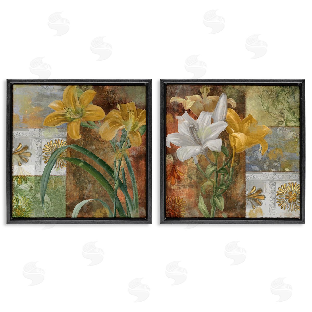 Lilies & Vintage Tile Patterns Black Floating Frame Canvas Wall Art, Home Decor by Sasha