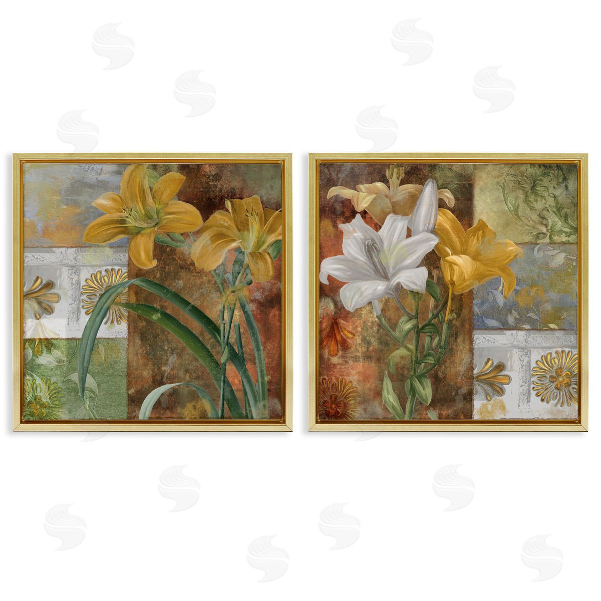Lilies & Vintage Tile Patterns Gold Floating Frame Canvas Wall Art, Home Decor by Sasha