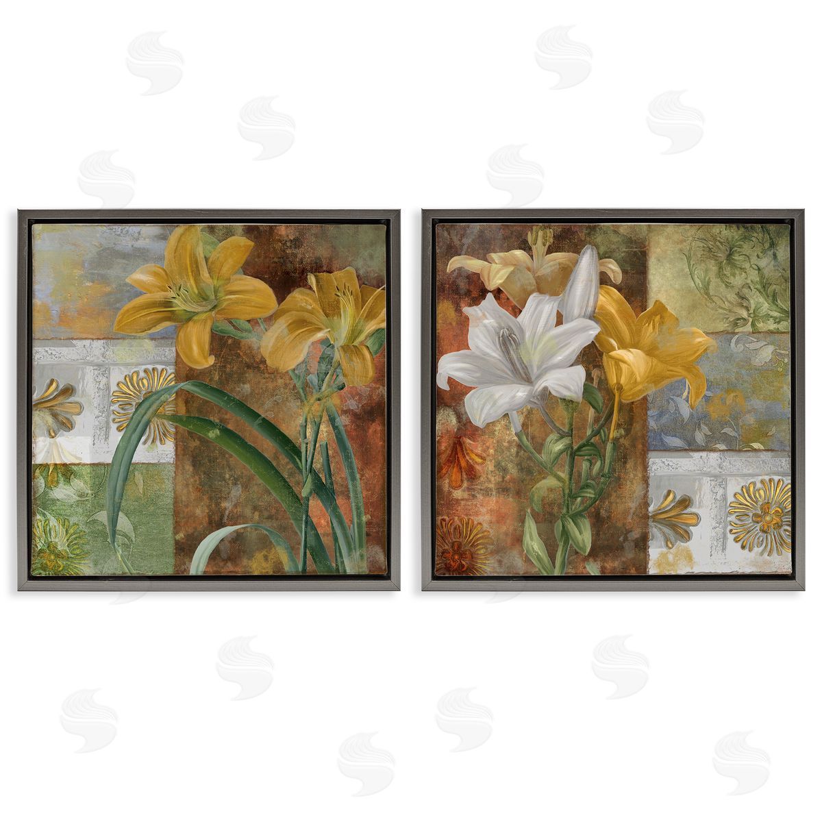 Lilies & Vintage Tile Patterns Grey Floating Frame Canvas Wall Art, Home Decor by Sasha