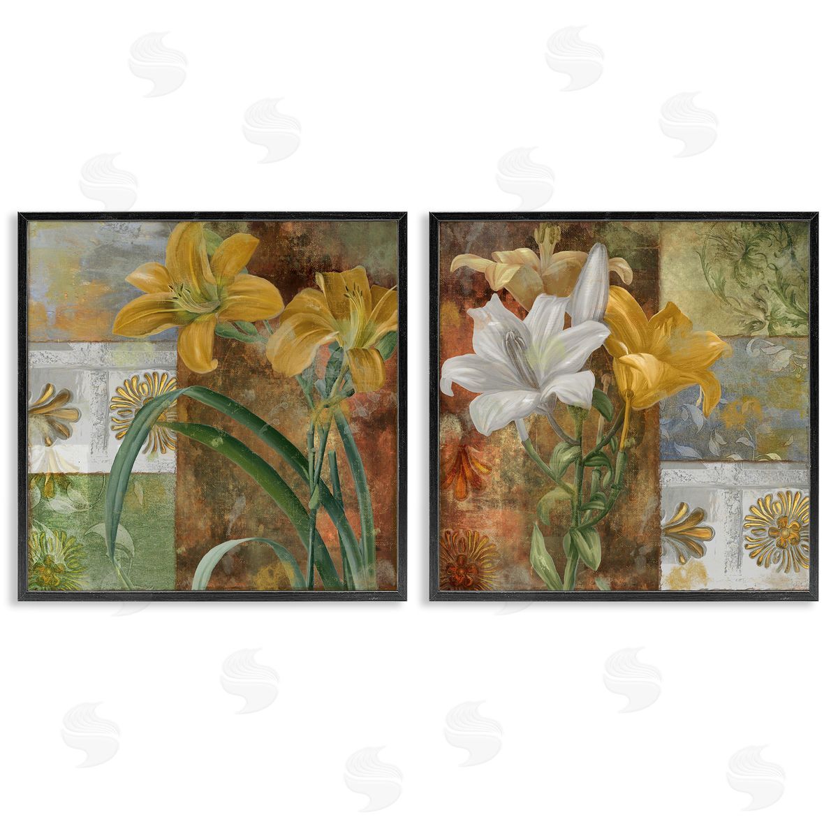 Lilies & Vintage Tile Patterns Black Frame Print Wall Art, Home Decor by Sasha