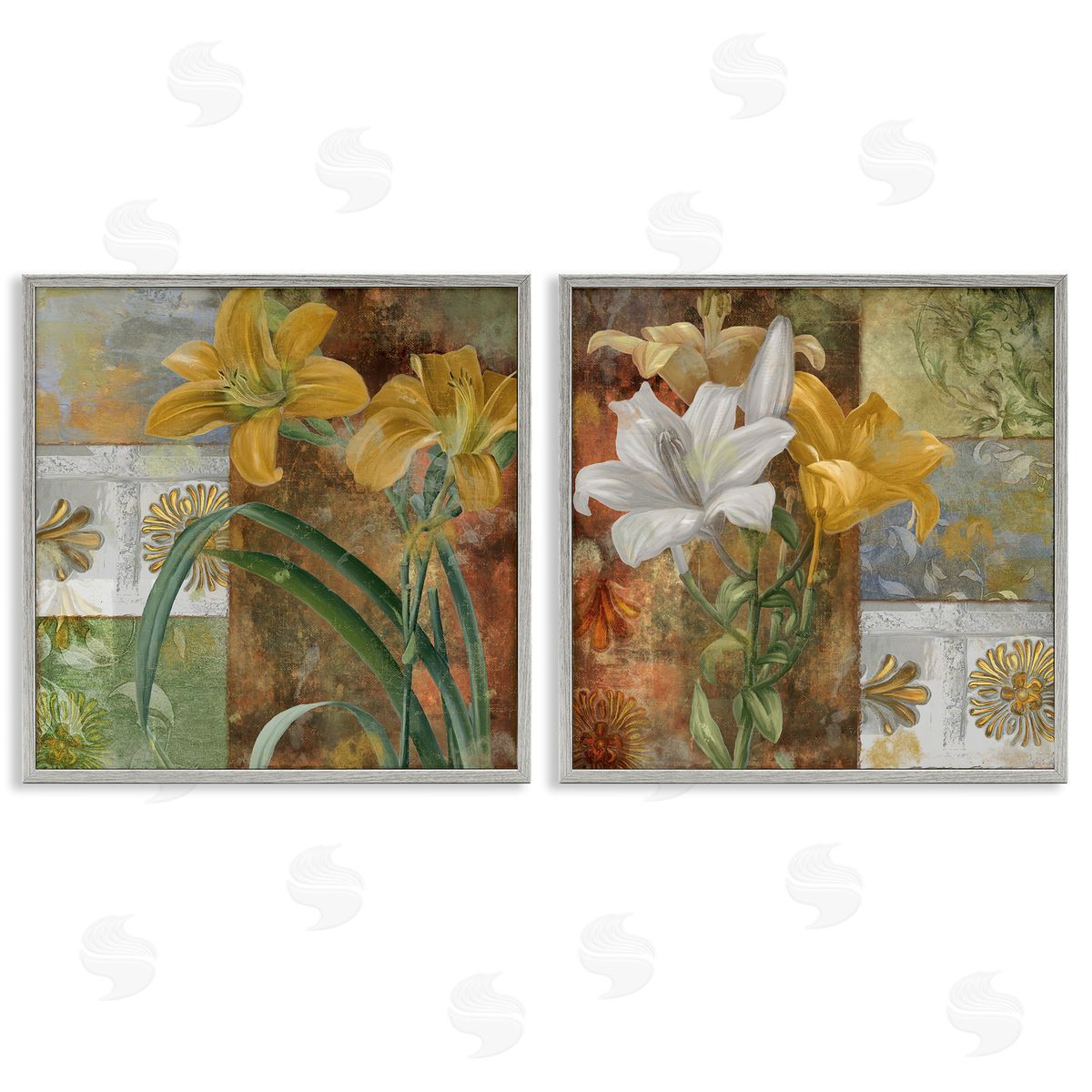 Lilies & Vintage Tile Patterns Grey Frame Print Wall Art, Home Decor by Sasha