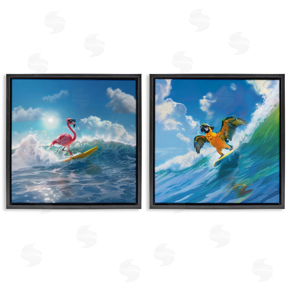 Tropical Surfing Birds Black Floating Frame Canvas Wall Art, Home Decor by Jim Baldwin