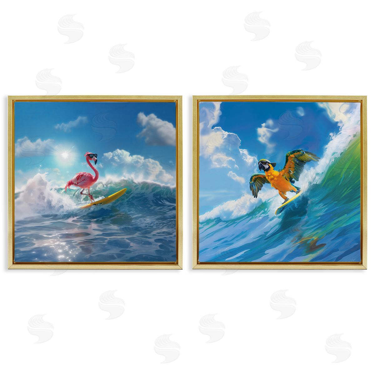 Tropical Surfing Birds Gold Floating Frame Canvas Wall Art, Home Decor by Jim Baldwin
