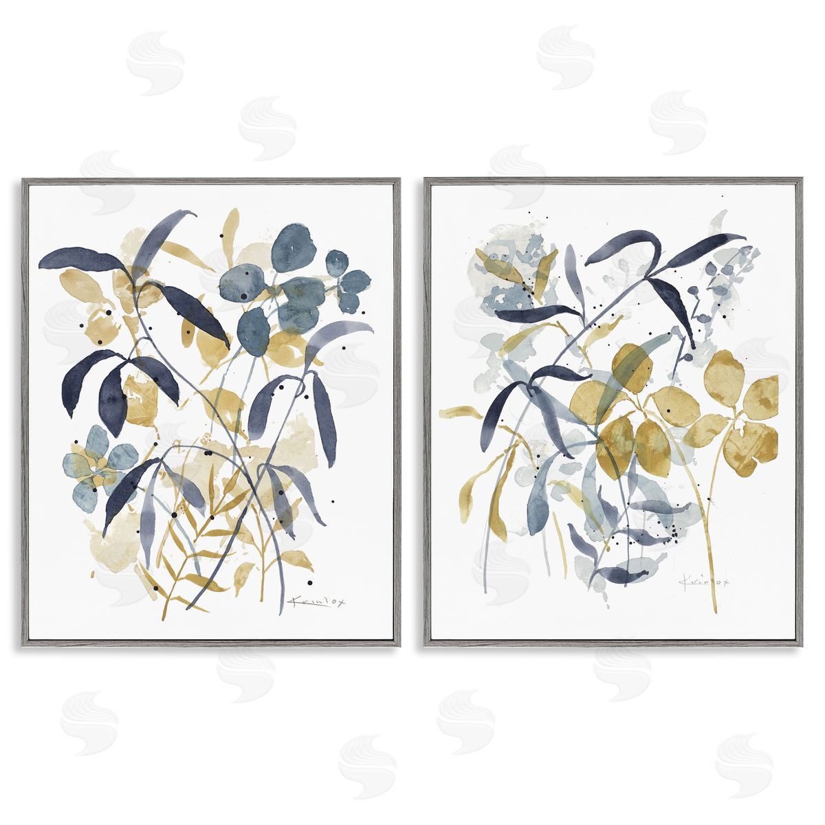 Whimsy Watercolor Botanicals Grey Frame Print Wall Art, Home Decor by Krinlox