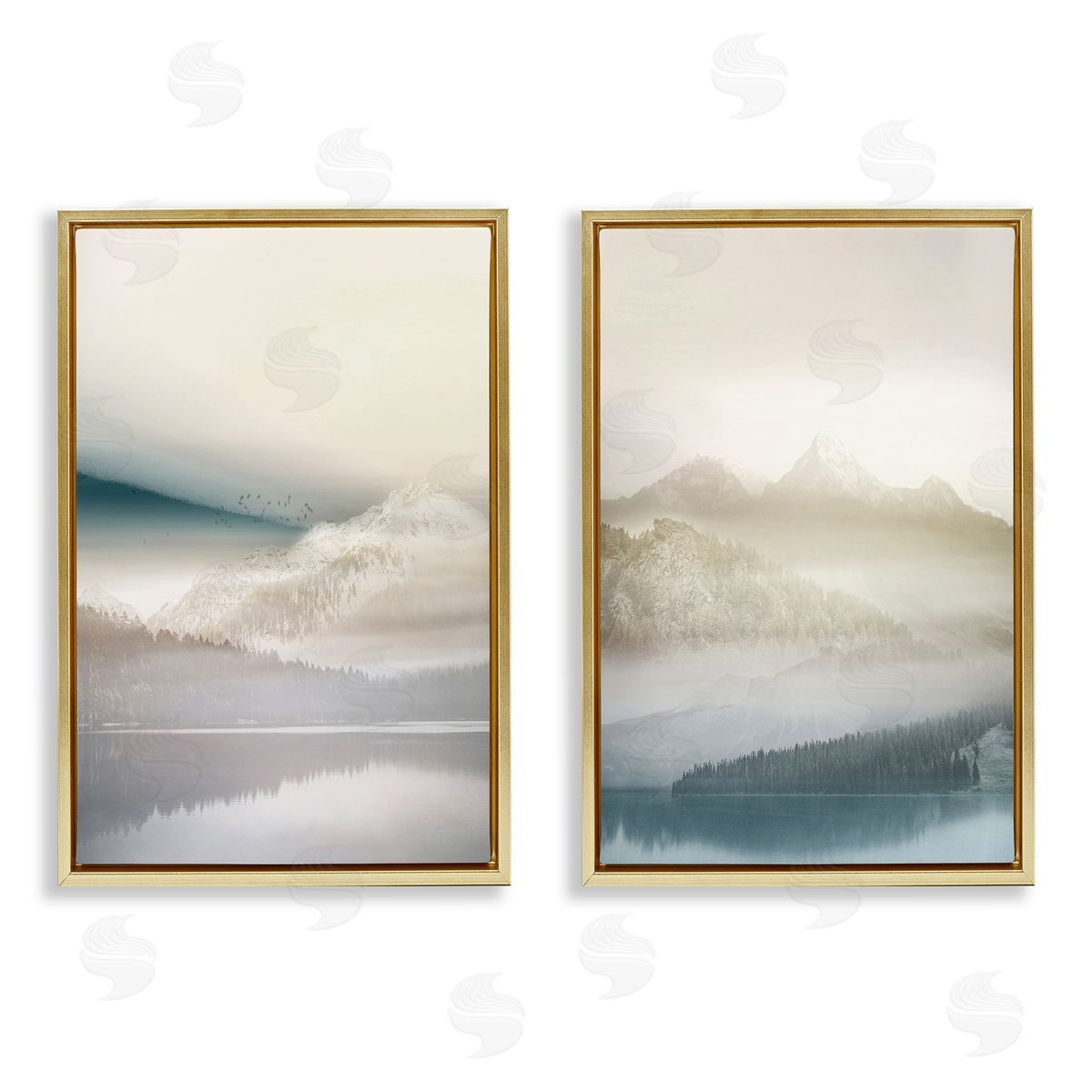 Mountain Peaks & Neutral Lake Gold Floating Frame Canvas Wall Art, Home Decor by Gemma Bardot